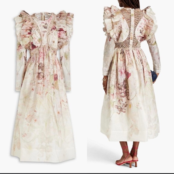 NWT Zimmermann Dancer Laced Midi Ruffled Floral Print Linen And Silk Size 0 - Picture 2 of 13